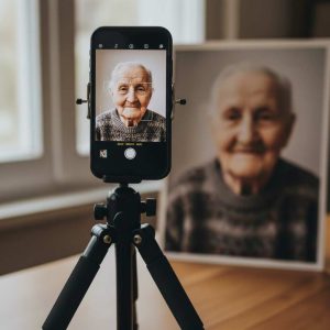 Altes Foto mit Smartphone am Stativ abfotografieren für Memories Gedenkvideos