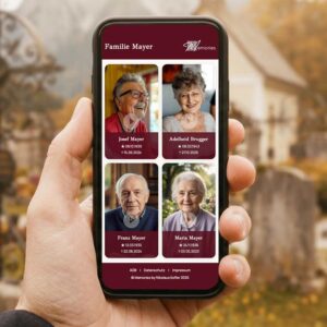 Memories Familien-Gedenkseite mit QR-Code auf Smartphone am Friedhof